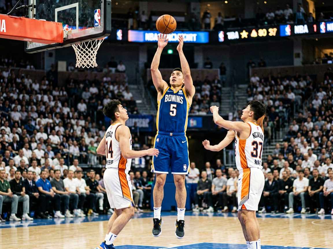 NBA常规赛现场,球员在球场上空投三分